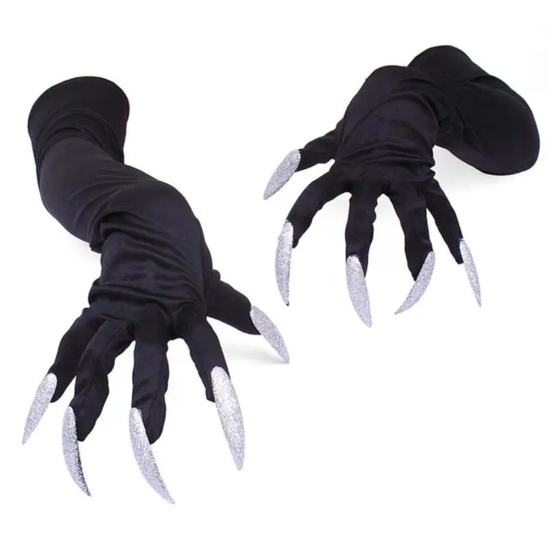 

1 Pair of Halloween Costume Gloves Attached Long Fingernails(Black)