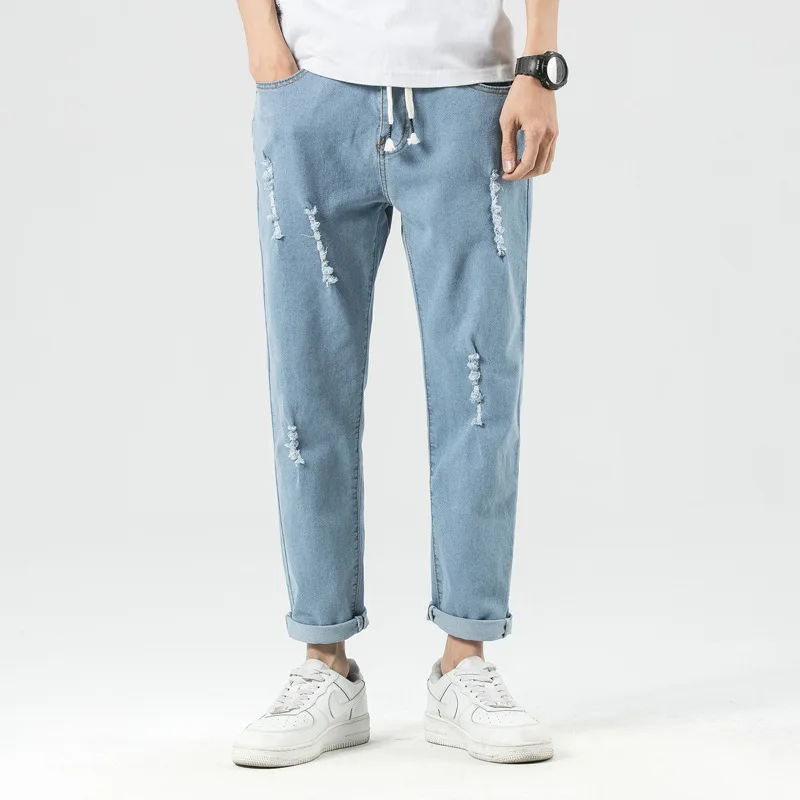 

Spring Summer New Style MEN'S Jeans Korean-style Straight Slim Skinny Teenager with Holes Casual Capri Jeans
