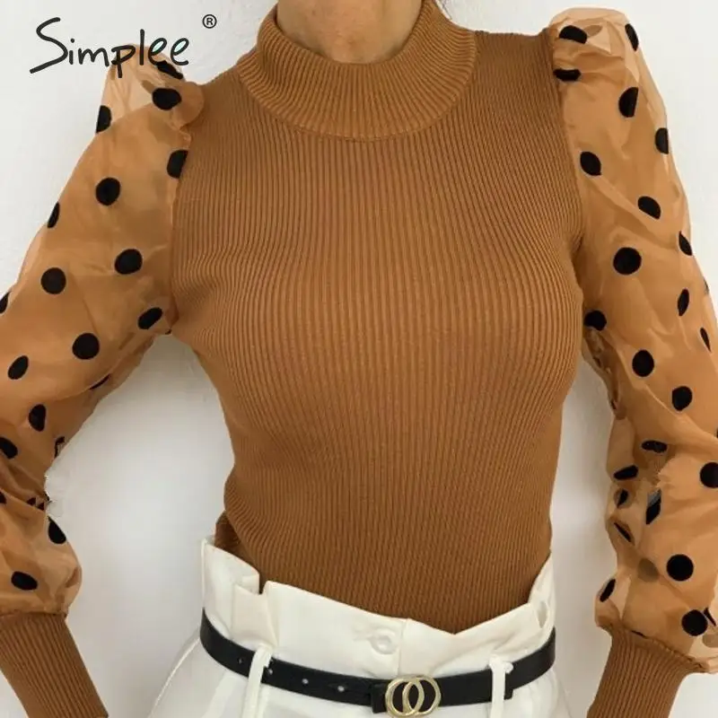 Simplee Лоскутная Женская блузка в горошек с пышными рукавами, элегантная осенне-зимняя женская трикотажная рубашка, вечерние облегающие Женские топы