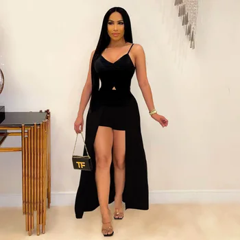 2021 Best Quality Famous Brand 2 pcs Women Set Solid Spaghetti Strap Long Tops and Shorts Summer Sexy Outftits