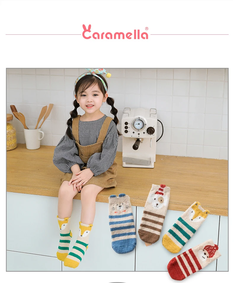 Caramella Winter Fleece Short Kids Socks Cartoon Animal Stripe Warm Floor Socks Baby Girl Boy Funny Fox Socks Children Hosiery