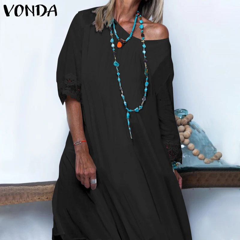 VONDA, женское богемное платье, сексуальное, кружевное, пэтчворк, вечерние, макси, длинное платье, весна-лето, сарафан, повседневное, свободное, Vestidos размера плюс