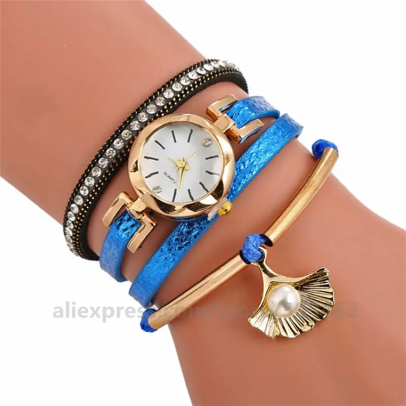 100 шт/лот груша pandent переплетение с узором вокруг кварцевая элегантность кожаные часы для женщин Бусы часы с браслетом - Цвет: blue