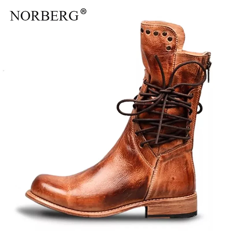 Женские ботинки с заклепками NORBERG рыцарские круглым носком и боковым ремешком в