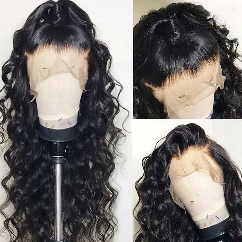 250 плотность Свободные волны полный шнурок человеческих волос парики для женщин Швейцарский бразильский кружевной парик предварительно выщипанный Glueless черный Dolago парик