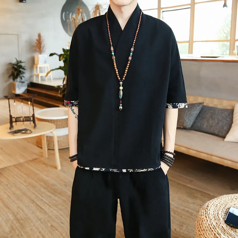 

2019 Summer New Style Chinese-style Men Fashion Popular Summer Wear Mixed Colors Design Cotton Linen T-shirt Pants Set