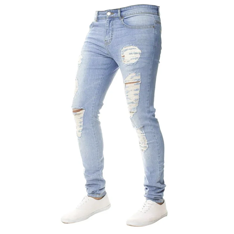 light blue2 Мужские рваные джинсы для мужчин, повседневные Черные синие обтягивающие облегающие джинсовые штаны, байкерские джинсы в стиле хип-хоп с сексуальными дырками, джинсовые штаны - Цвет: light blue2