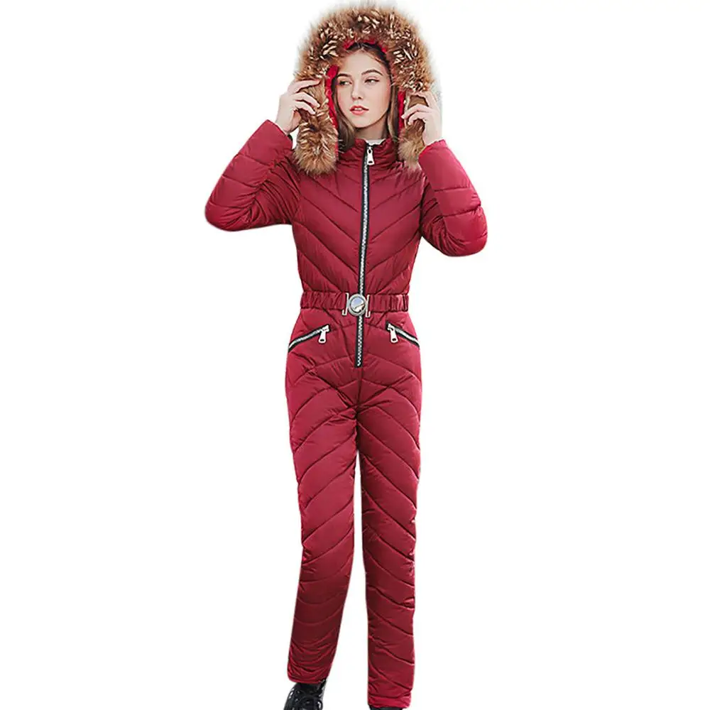 Элегантный женский лыжный костюм, повседневный теплый сиамский хлопковый стеганый жакет с капюшоном, пальто, однотонный цельный комбинезон, зимний спортивный костюм - Цвет: Бургундия