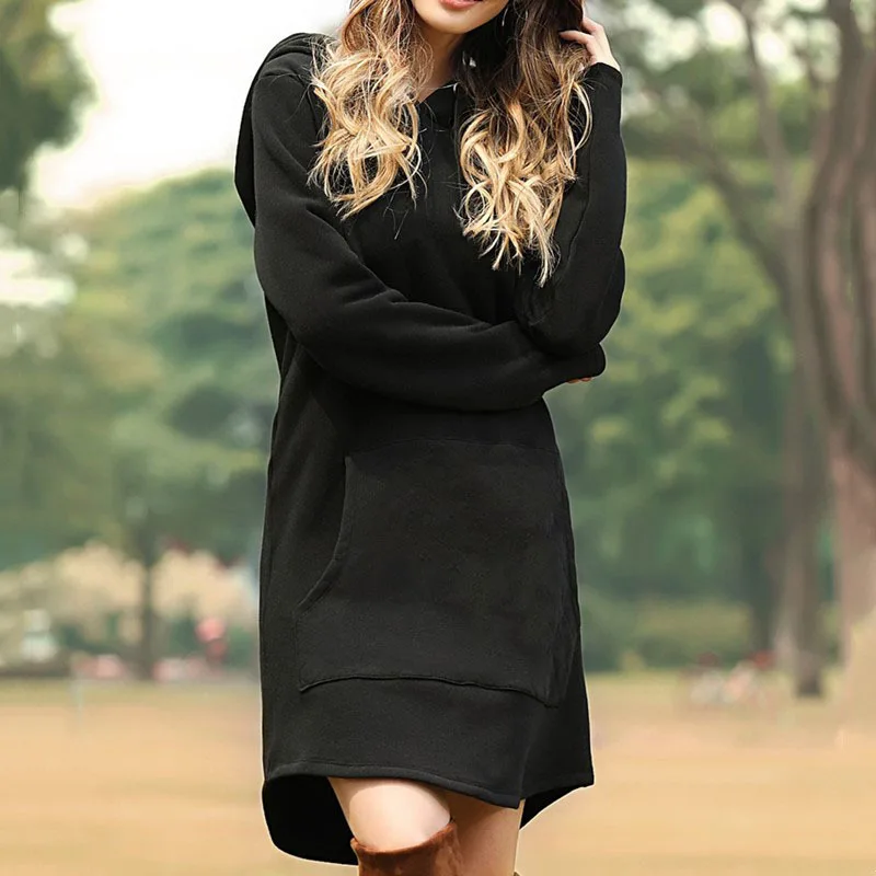 Лидер продаж; стильный однотонный пуловер; Длинная толстовка; сезон весна-осень; классическая уличная Женская толстовка с капюшоном и воротником; длинный рукав; карман; Топ - Цвет: Черный