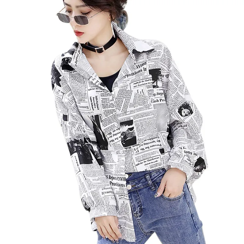 

Vintage Newspaper Print Shirt Fashion Autumn Women Chic Long Sleeve Lapel Blouse Loose Streetwear Tops