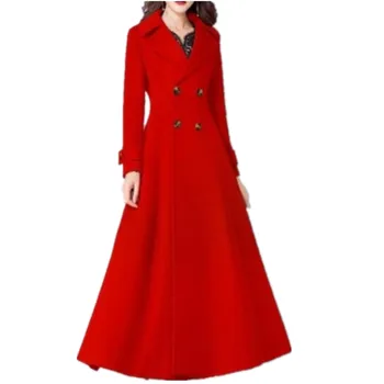 

plus size 4XL!x-long woolen coat women thick double breasted slim thick high waist wool blends overcoat