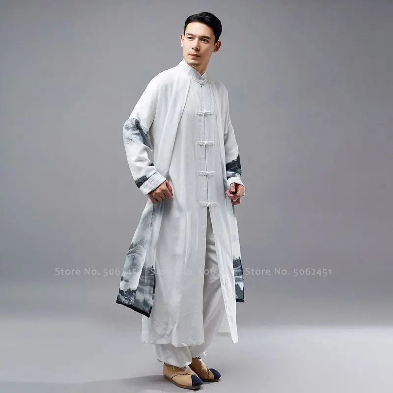 Традиционный китайский ханьфу пальто Тан костюм для мужчин шаолин Кунг Фу длинный халат ушу Тай Чи Униформа Свободная блузка костюмы для сцены