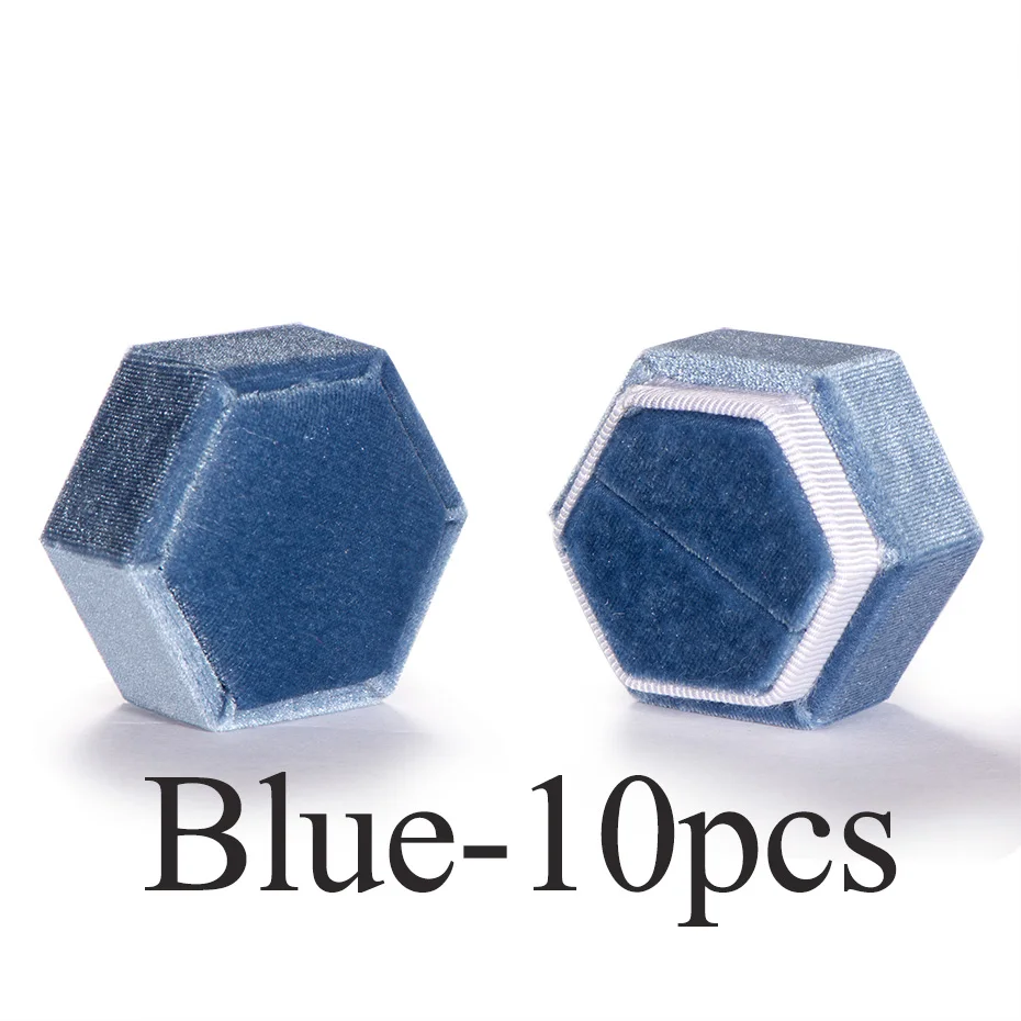 KB02- Blue-10pcs Kuolit 10 шт./лот бархат шестиугольник Ювелирные изделия Органайзер кольца коробки для свадьбы Розовый Синий Зеленый ювелирные изделия коробка настроить логотип - Цвет: KB02- Blue-10pcs