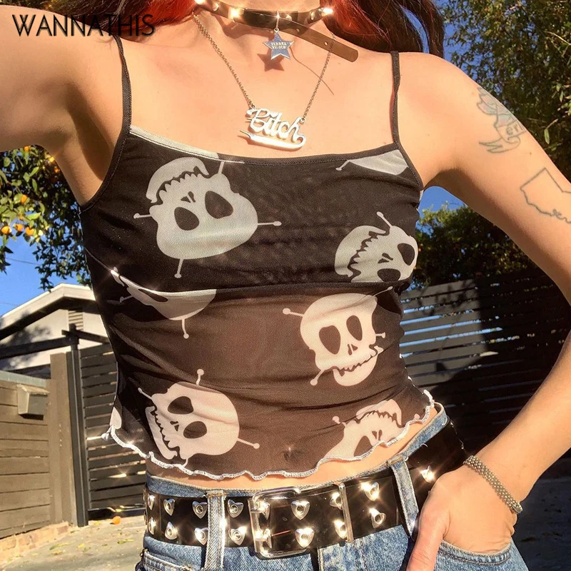 WannaThis Skull Print Camis Women Black Mesh Crop Top Women Summer