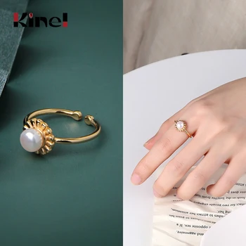 

Kinel Minimalist Bijoux 925 Sterling Silver Simple 18K Gold Ring Pearl Open Finger Rings Woman Jewelry Party Christmas Gift
