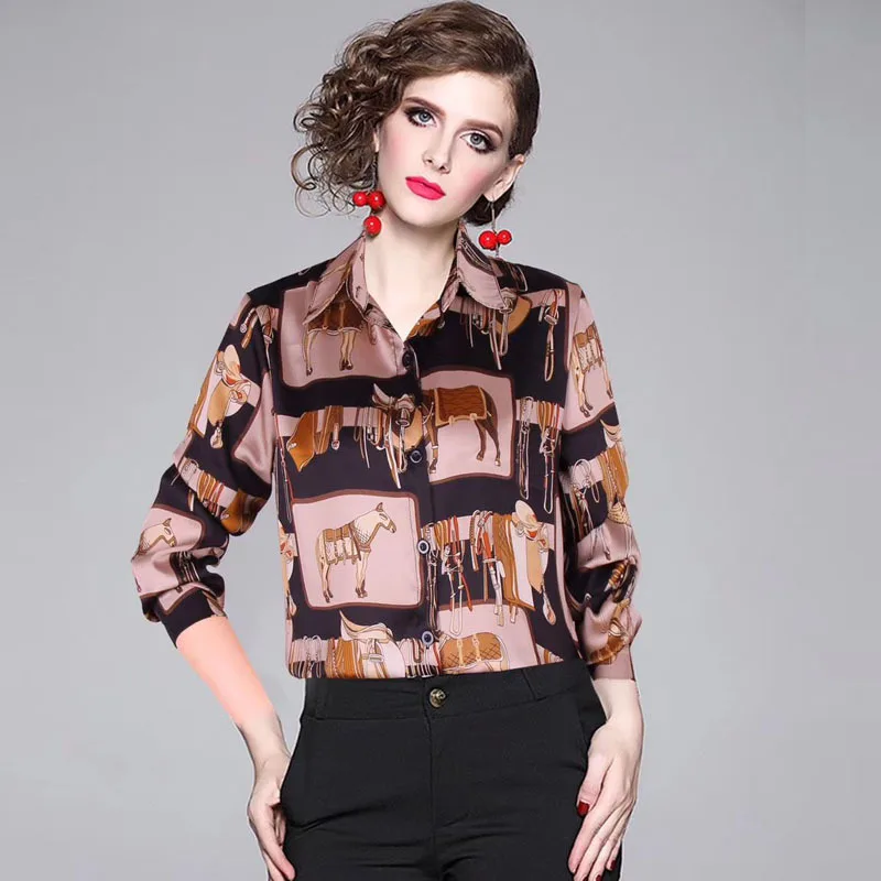 2021 Spring  Summer  European American Animal Print Chiffon Women Long Sleeve Shirt Neck Retro Fashion Girl Clothes animal monkey nature naughty uu retro metal hair bobby pin headwear