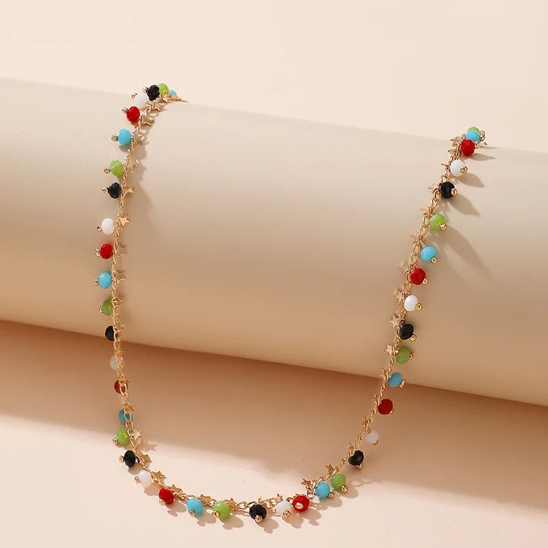 Simple Colorful Rice Bead Tassel Pendant Necklace Bohemian Short Chain Collar Five Pointed Star Choker Necklace For Womens Girls