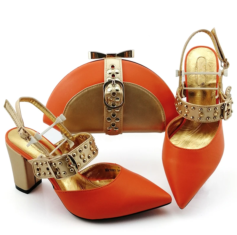 Оранжевые туфли и подходящая сумочка для свадьбы; Итальянские женские вечерние комплект из обуви и сумки, украшенные стразами; женская обувь на высоком каблуке - Цвет: Оранжевый