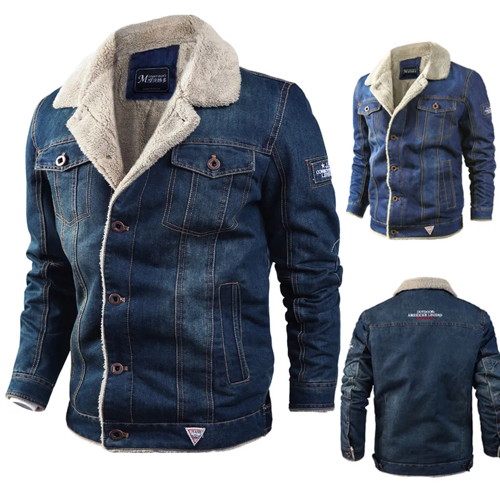 

Fashion Plush Denim Comfortble Wram Jacket Casual Autumn Winter Men Long Sleeve Polyester Denim Jacket M0903