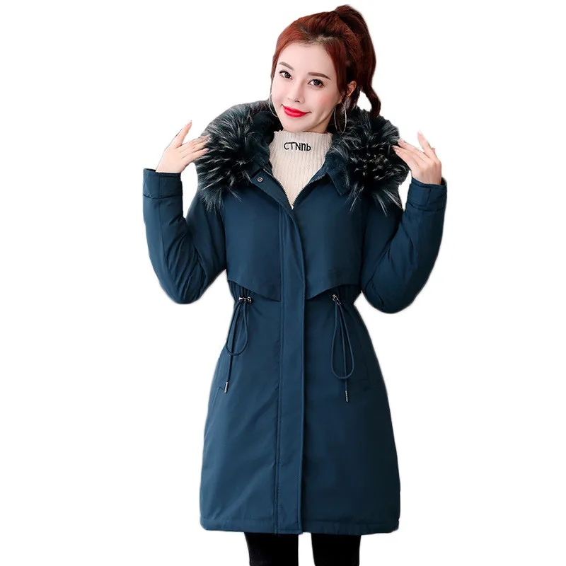 

2021 Winter New Down Cotton Coat Ladies Korean Mid-length Parka Outerwear Hooded Fur Collar Loose Thick Slim Coats Female JD1461