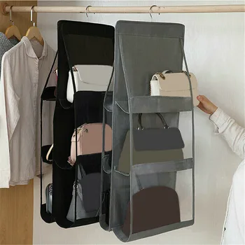 

6 Pockets Tote Bag Hanging Organizer Dustproof 3 Layers Folding Shelf Closet Storage Bag for Purse Clutch Sundry