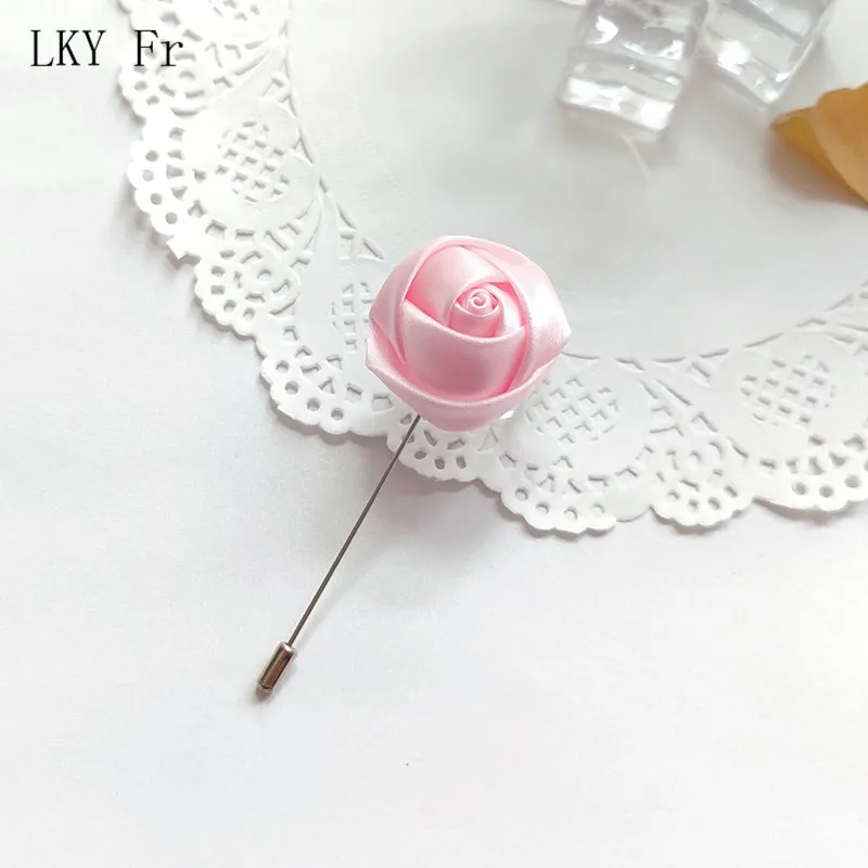LKY Fr Boutonniere Pins Wedding Decoration Brooch Flowers Silk Ribbon Roses Red Corsage Buttonhole Marriage Men Suit Accessories