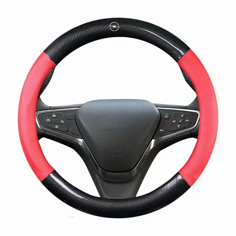 Кожаный чехол на руль автомобиля 38 см 1" для Opel GT Crossland X Mokka Astra K J Meriva B Tigra Insignia Adam Karl Ampera - Название цвета: A red with logo