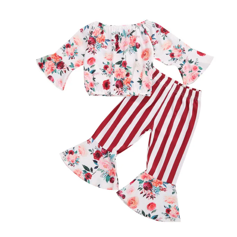 

Toddler Girl Clothes Baby Stripe Outfits Infant Kids Ruffles Tops+Flare Pants Clothing Set Red Christmas Overalls 2-6Y