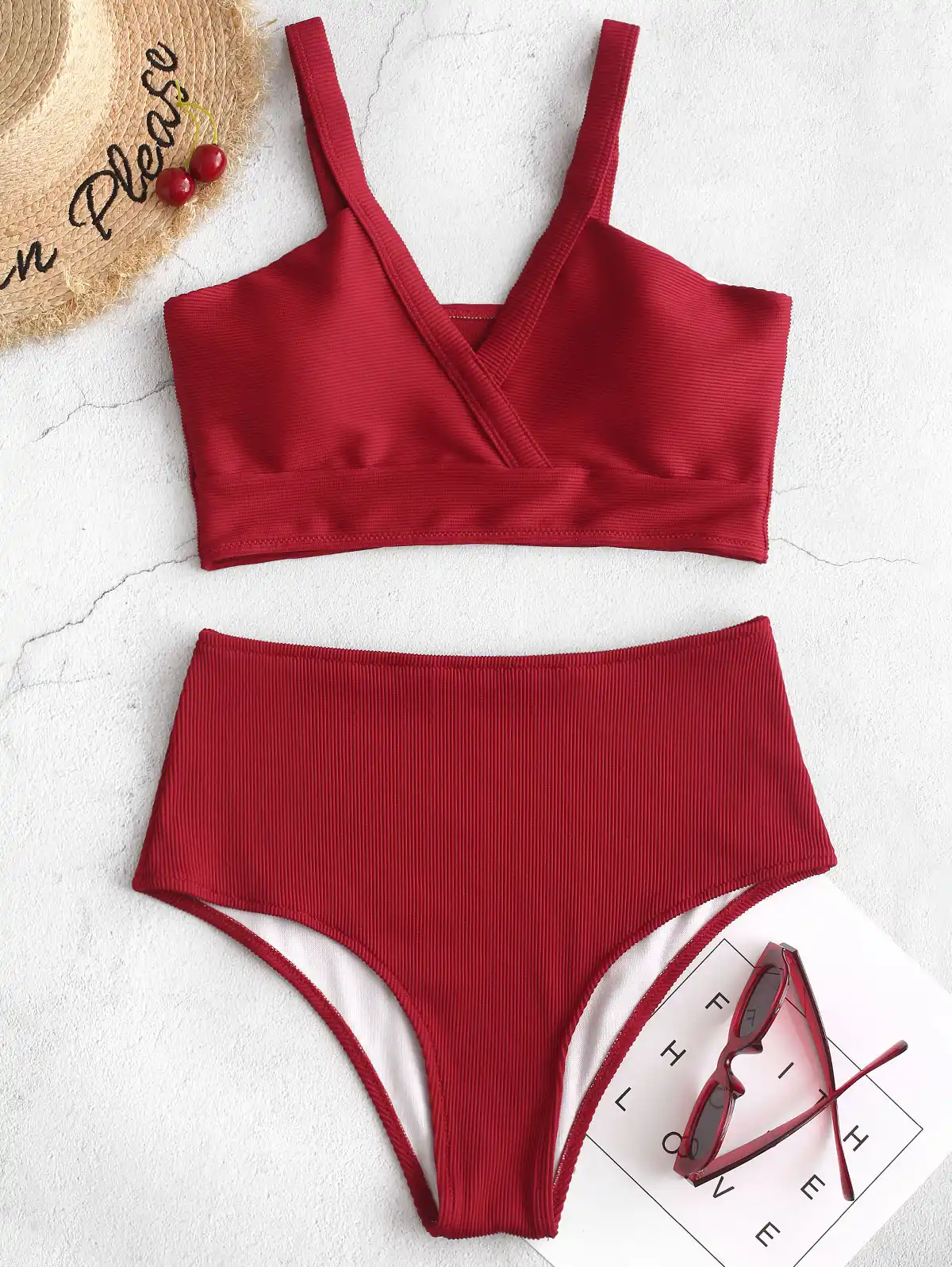 ribbed high cut surplice tankini swimsuit