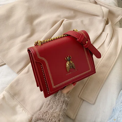Женская сумка на плечо, роскошная дизайнерская маленькая сумка через плечо, одноцветная сумочка и сумочка, металлическое украшение в виде пчелы, Луи, брендовая сумка - Цвет: red