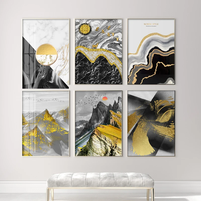 

Nordic Style Geometric Line Canvas Painting Poster and Print Art Landscape Pictures Golden Mountain Living Room Home Wall Decor