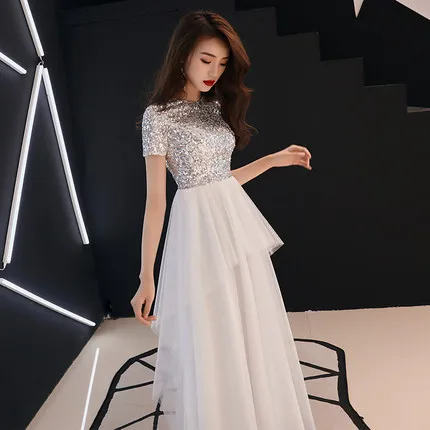 

Banquet Evening Gown 2018 New Style Winter Nobility Elegant White Sequin Long Annual General Meeting Party Bridesmaid Dress Skir