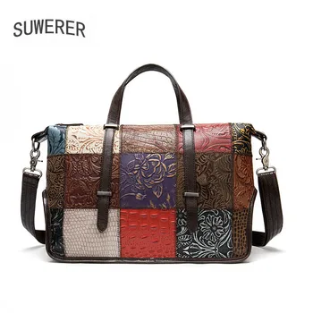 

SUWERER New Women Genuine Leather bag Color stitching real cowhide bag luxury handbags women bags designer leather tote bag