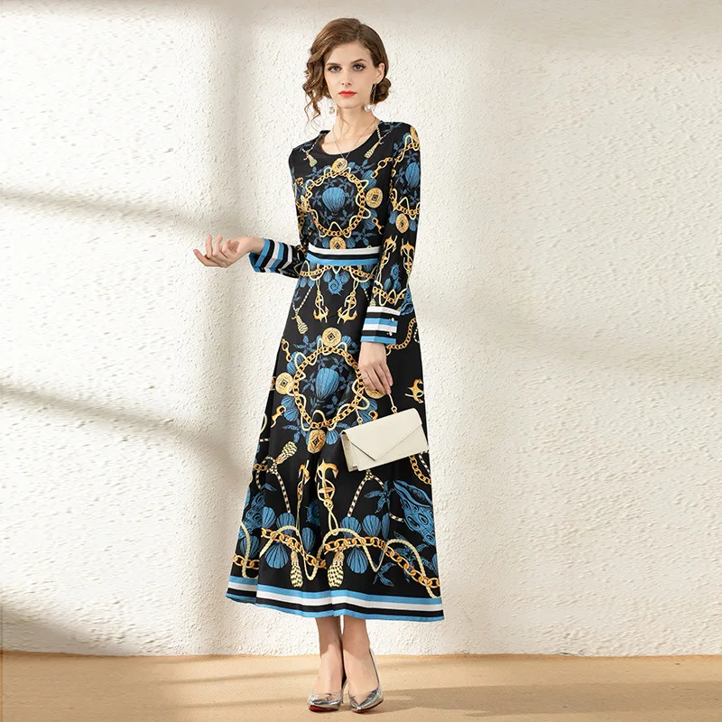

Large Austrian WOMEN'S Dress-Style Printed Crew Neck Waist Hugging Big Hemline Elegant Long Skirts Dress