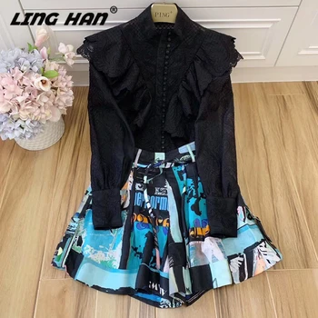 

LINGHAN Fashion Cotton Linen Set Stand Collar Embroidery Lantern Sleeve Tops + Letter Print Sexy Shorts Two-Piece Set