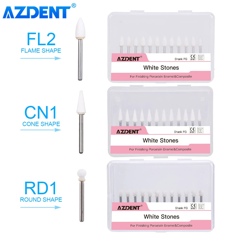 AZDENT 12 unids/pack Dental llama/Cono/blanco redondo piedra pulidora FG fresas para el pulido de clínica Dental de Metal/resina/porcelana