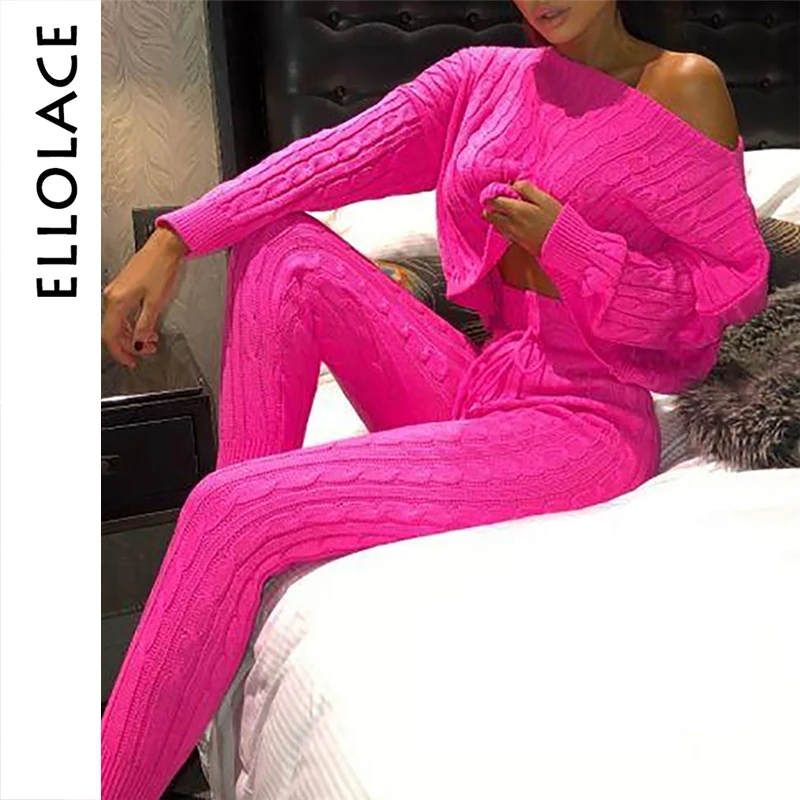 

Ellolace 2019 Fashion Autumn Sweater 2 Two Piece Suit Women Pink Pollover and Pants Sets Female Outfits Streetwear Knitted Suit