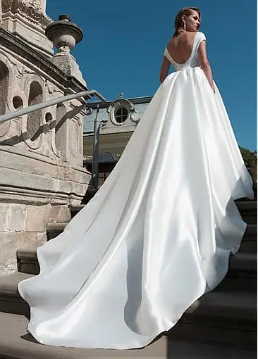 Скромное атласное свадебное платье с поясом А-силуэта с открытой спиной с короткими рукавами Свадебные платья с карманом высокое качество свадебное платье