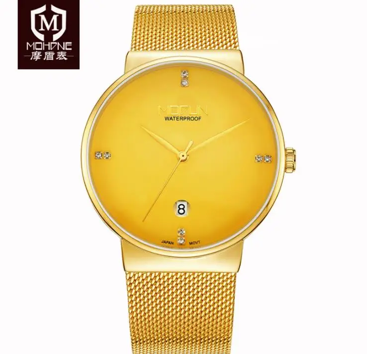 

Simple Men Quartz Wristwatch Janpan Movement Waterproof Gold Mesh Stainless Steel Wristband Clock 7mm Calendar reloj hombre