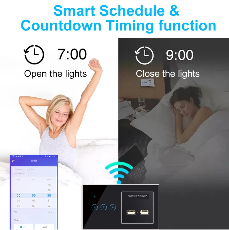 - Tuya Smart Life APP Control LED Wall Light Switch 2200W 90240V Touch Smart Home Switch 2 USB Port Alexa Google Assistant
