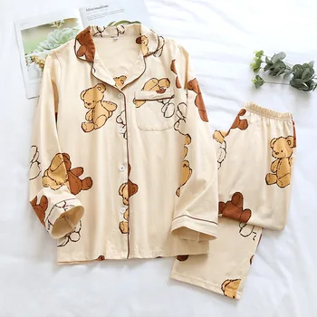 

Pajamas Women Spring Autumn Winter Pure Cotton Long Sleeve Can Be Worn Outside Toy Bear Print Home Clothes Suit Knit Sleep Tops