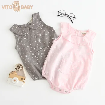 

VITO Baby 2020 Summer Sleeveless Girls Bodysuit Star Print Small Pocket Cotton Rompers Petal collarJumpsuit for Girls Clothes