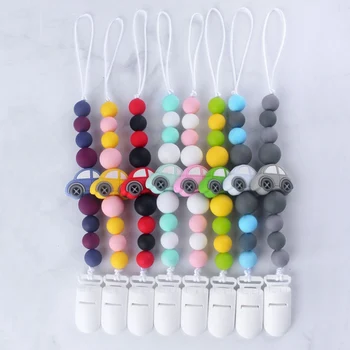 

Baby Pacifier Chain Silicone Beads Cute Cartoon Car Charms Wood Silicone Molar Teether Toy Pacifier Anti-Lost Chain Holder Clips
