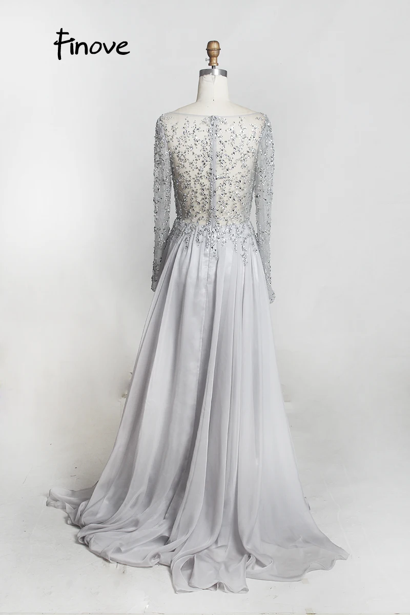 Finove Prom Dresses Long 2020 Long Sleeve Crystals Beading By Hand Sexy See-through A-Line Bridesmaid Dresses Robe de Soiree