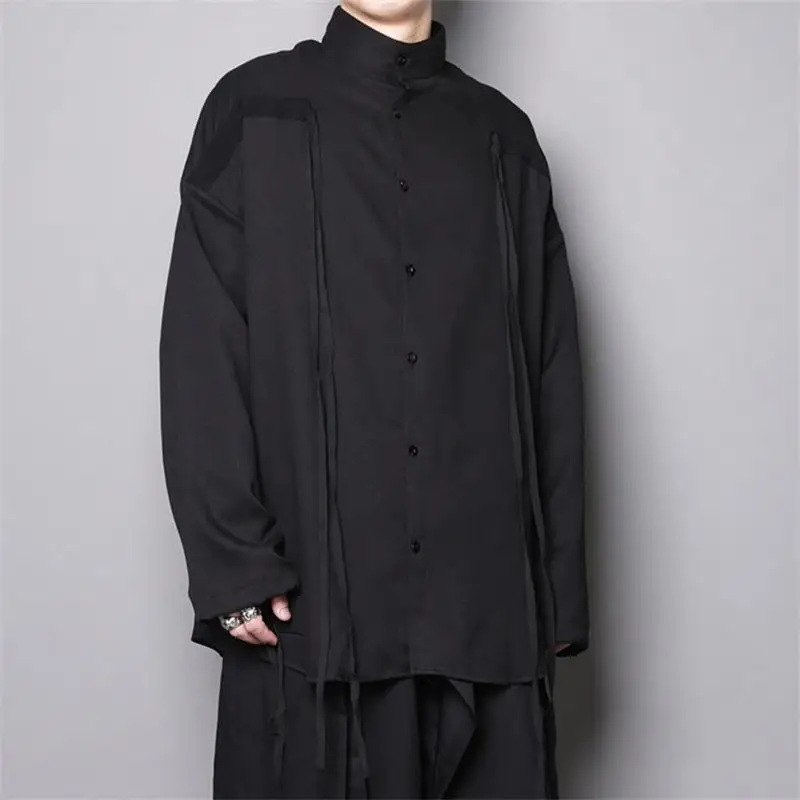 Рубашка мужская с длинным рукавом свободная строчка лентами темный индивидуальный дизайн стильный