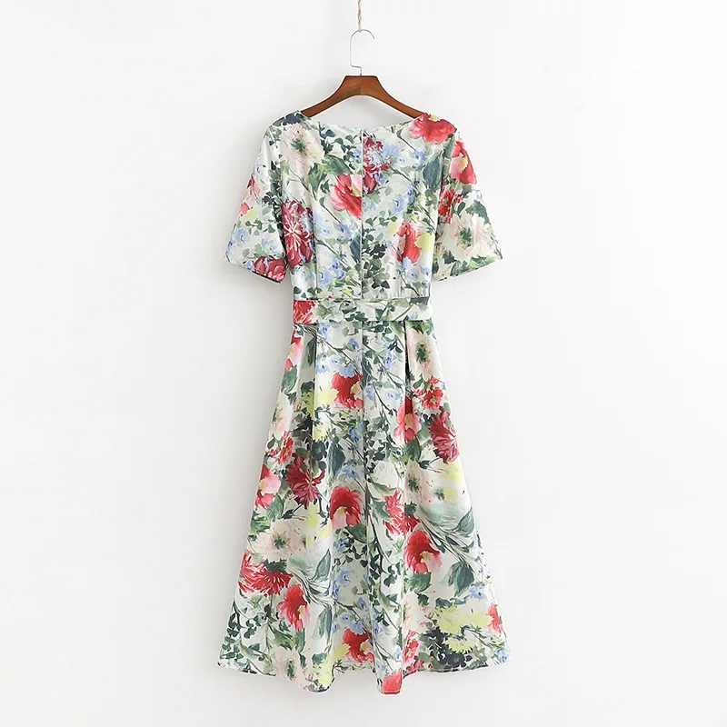 

19 Western Style Spring New Products Floral Print with Belt Short Sleeve Crew Neck Waist Hugging Dress WOMEN'S Dress