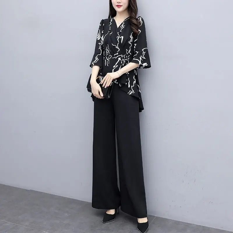 Women Sets Printed blous Solid Floor-length Wide Leg Pant Plus Size 4XL Elegant Office Ladies Causal Loose Fashion Summer Outfit sweat suits women