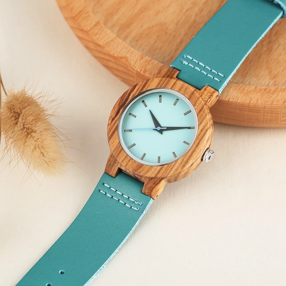 Turquoise Blue Women's Quartz Wooden Watch with Leather Band - Modern Bamboo Fashion Timepiece
