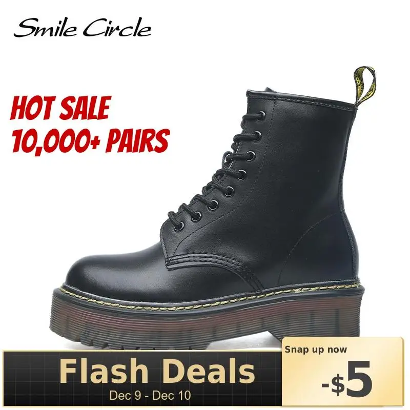 Comprar Tamaño del círculo sonriente 35 42 botas de plataforma plana zapatos de mujer Otoño Invierno de piel de moda de punta redonda con cordones botas de cuero zapatos de mujer