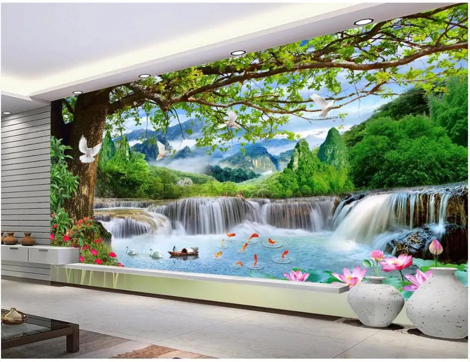 

WDBH 3d wallpaper custom photo Green big tree forest waterfall tv background home decor 3d wall murals wallpaper for walls 3 d